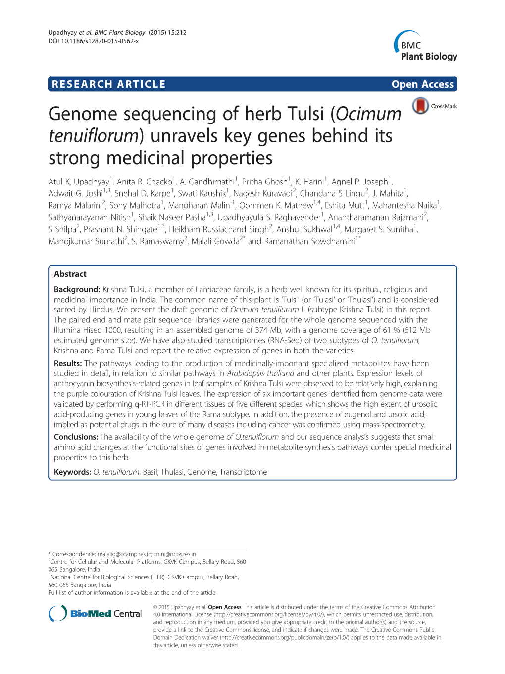 Genome Sequencing of Herb Tulsi (Ocimum Tenuiflorum) Unravels Key Genes Behind Its Strong Medicinal Properties Atul K