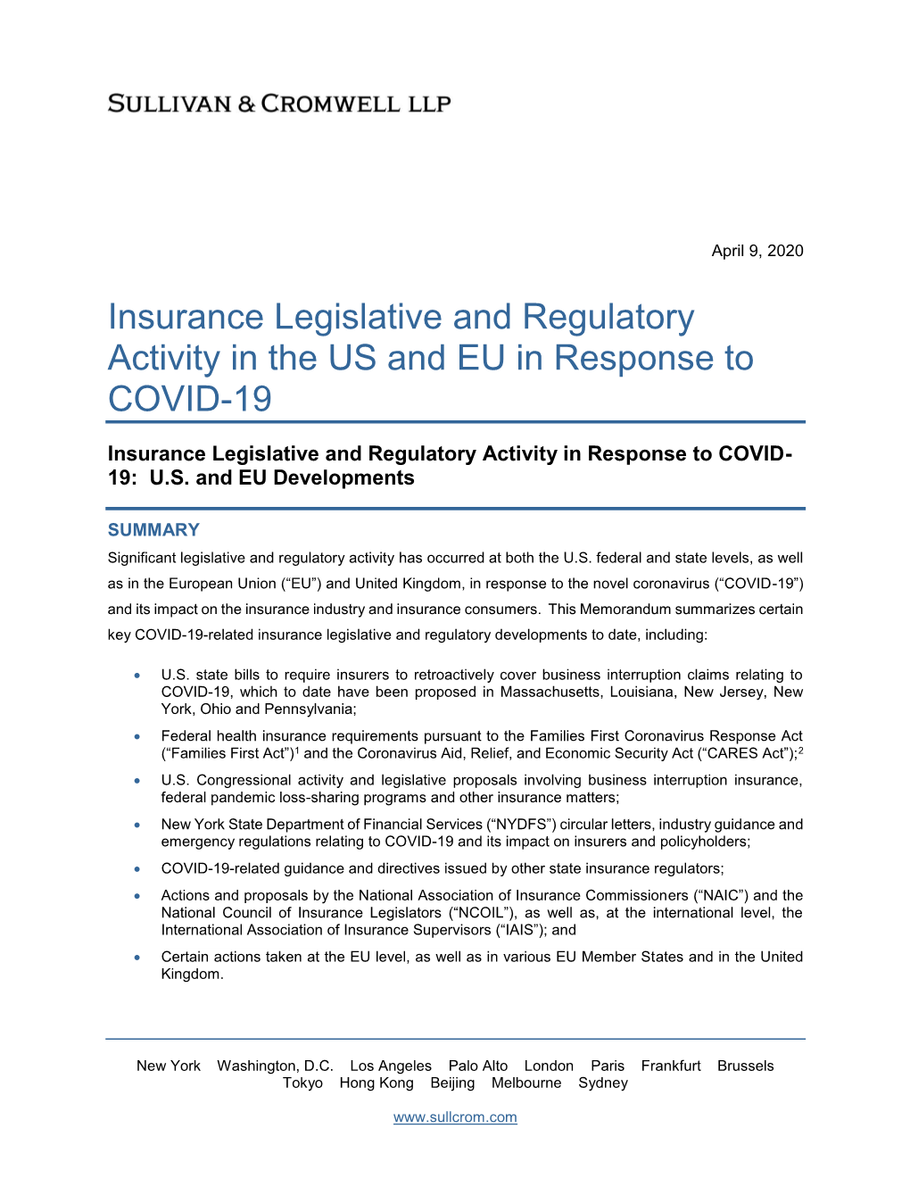 Insurance Legislative and Regulatory Activity in the US and EU in Response to COVID-19