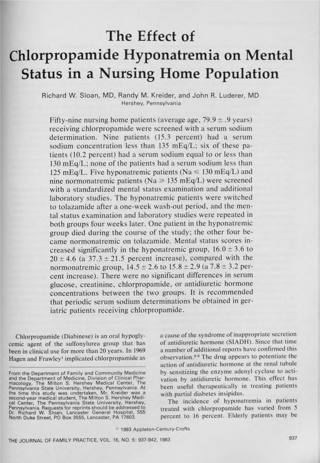 The Effect of Chlorpropamide Hyponatremia on Mental Status in a Nursing Home Population