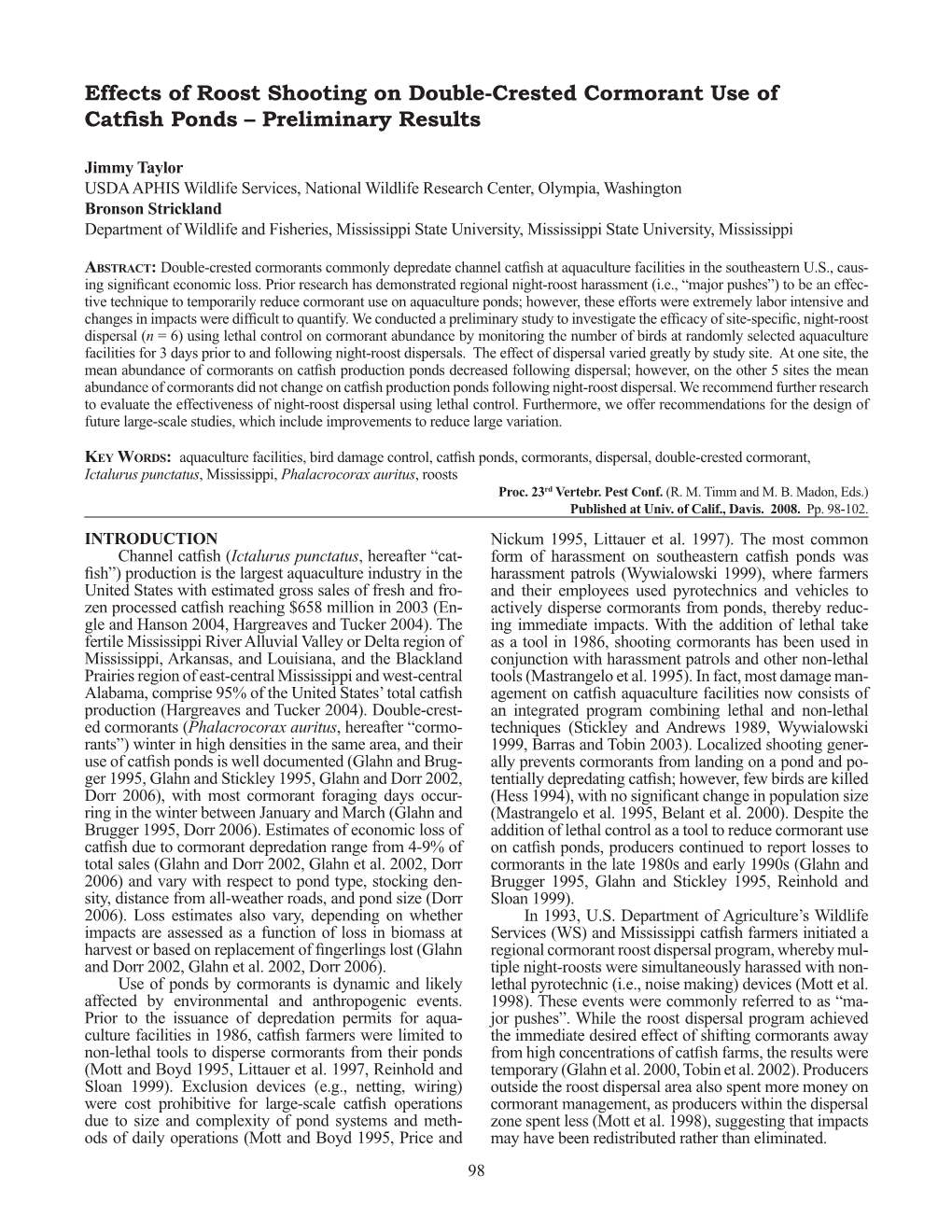 Effects of Roost Shooting on Double-Crested Cormorant Use of Catfish Ponds – Preliminary Results