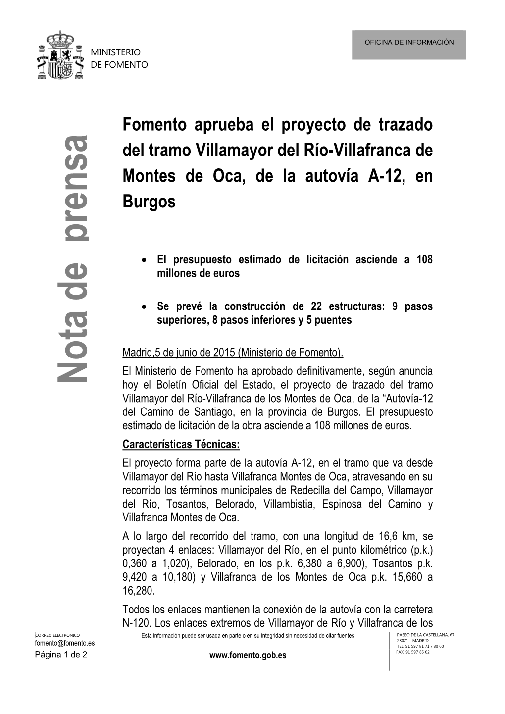 Fomento Aprueba El Proyecto De Trazado Del Tramo Villamayor Del Río-Villafranca De Montes De Oca, De La Autovía A-12, En Burgos