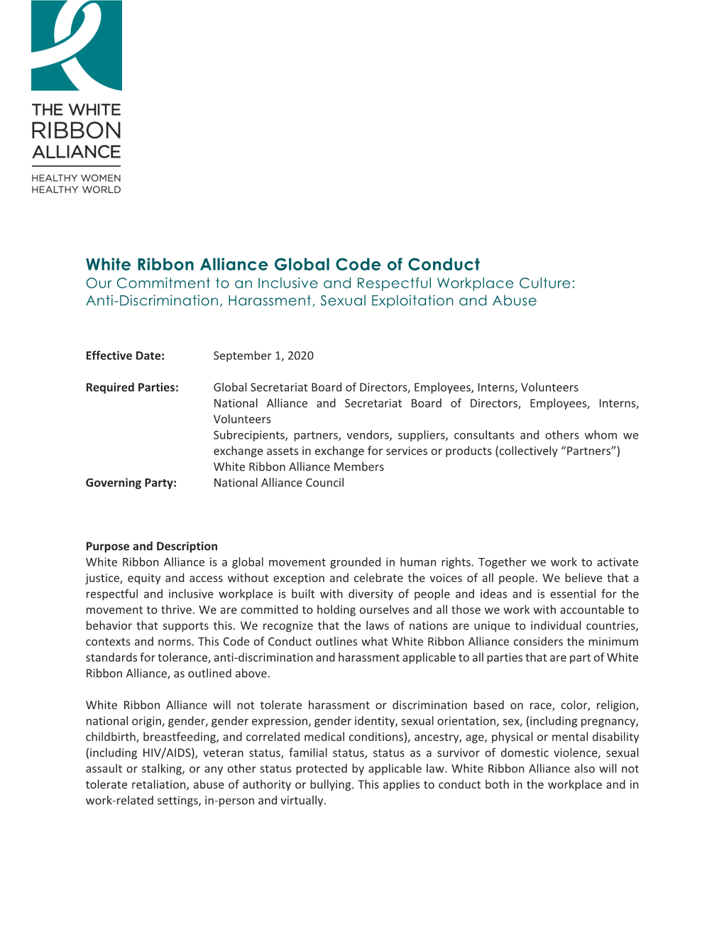 White Ribbon Alliance Global Code of Conduct