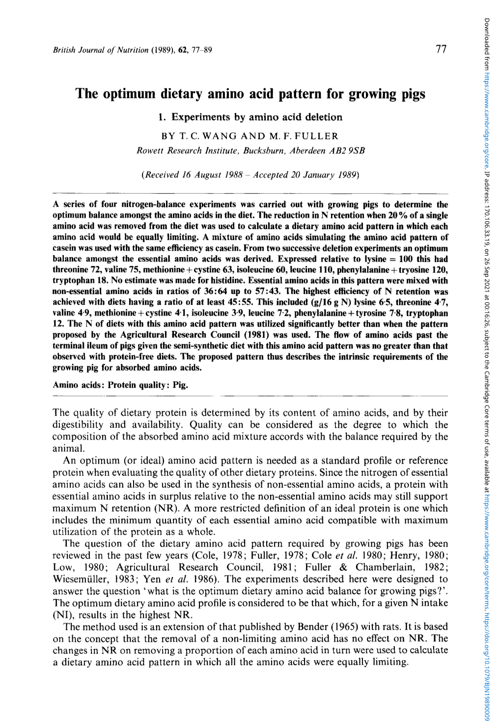 The Optimum Dietary Amino Acid Pattern for Growing Pigs