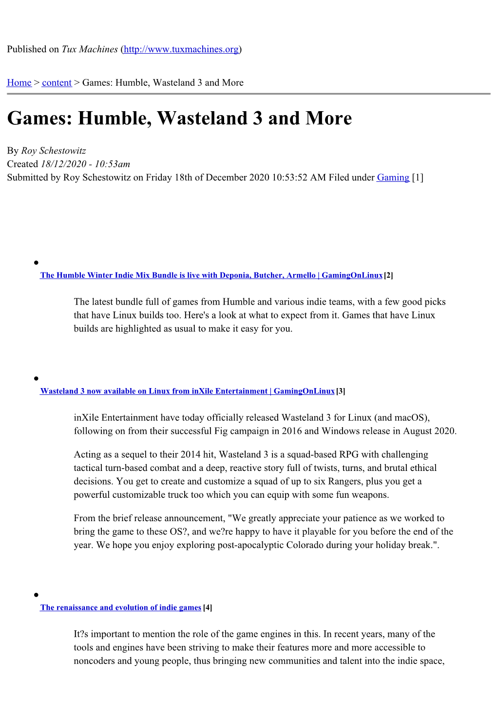 Games: Humble, Wasteland 3 and More