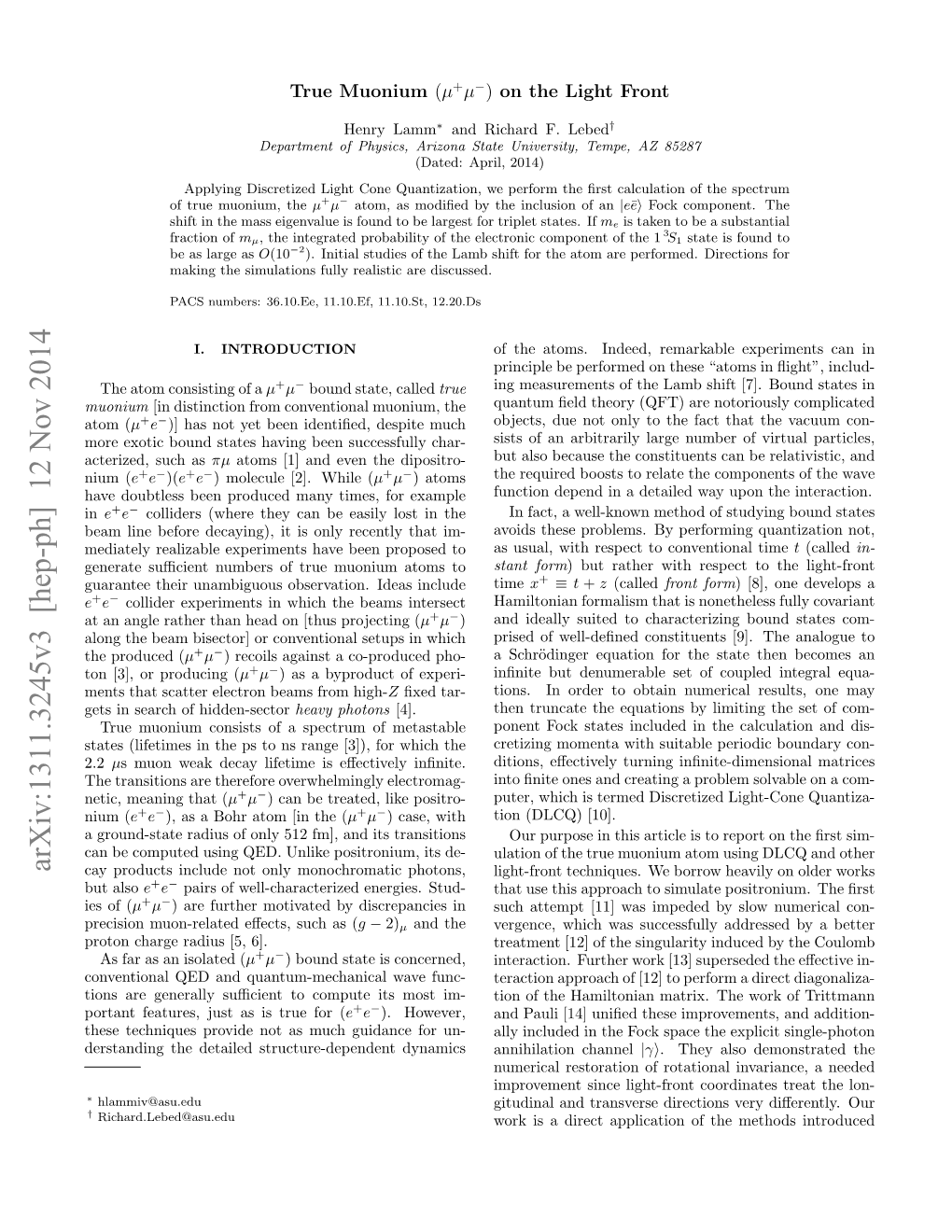 Arxiv:1311.3245V3 [Hep-Ph] 12 Nov 2014 Cay Products Include Not Only Monochromatic Photons, Light-Front Techniques