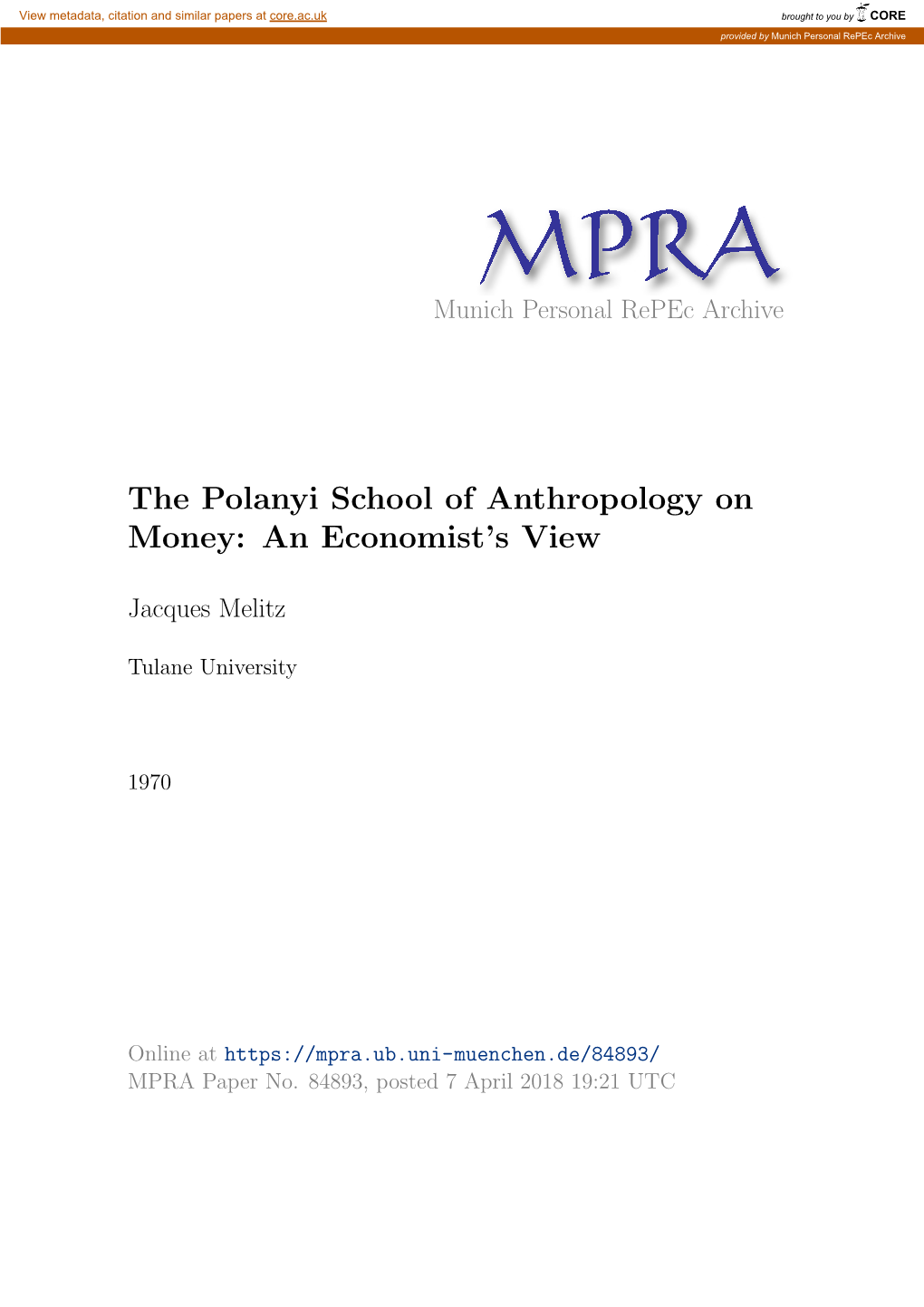 The Polanyi School of Anthropology on Money: an Economist’S View