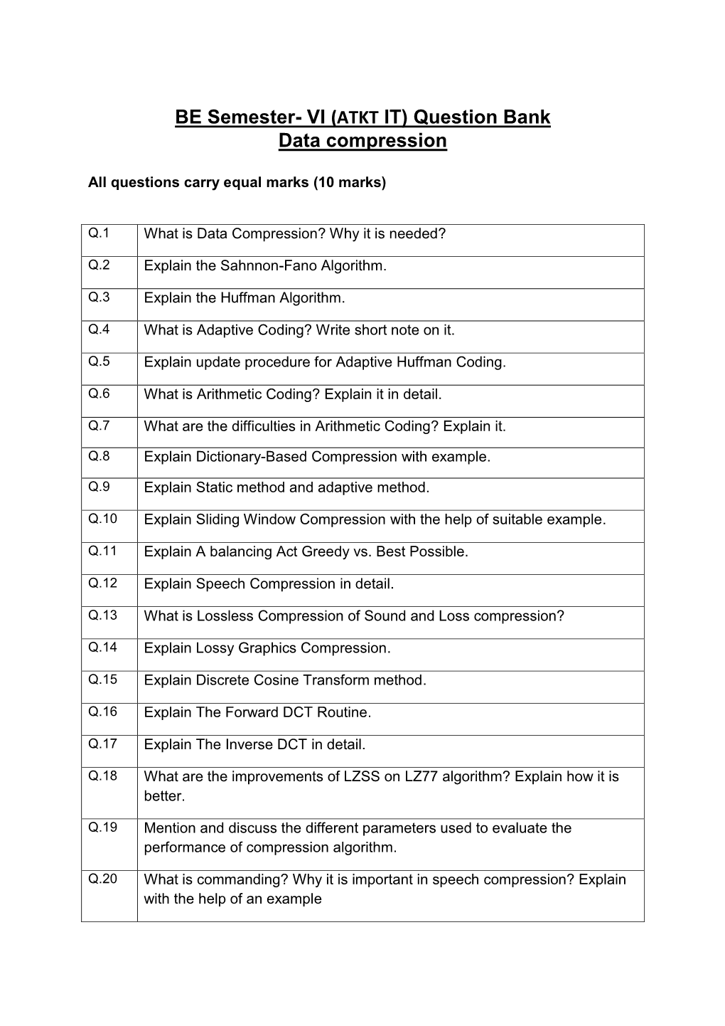 Question Bank Data Compression