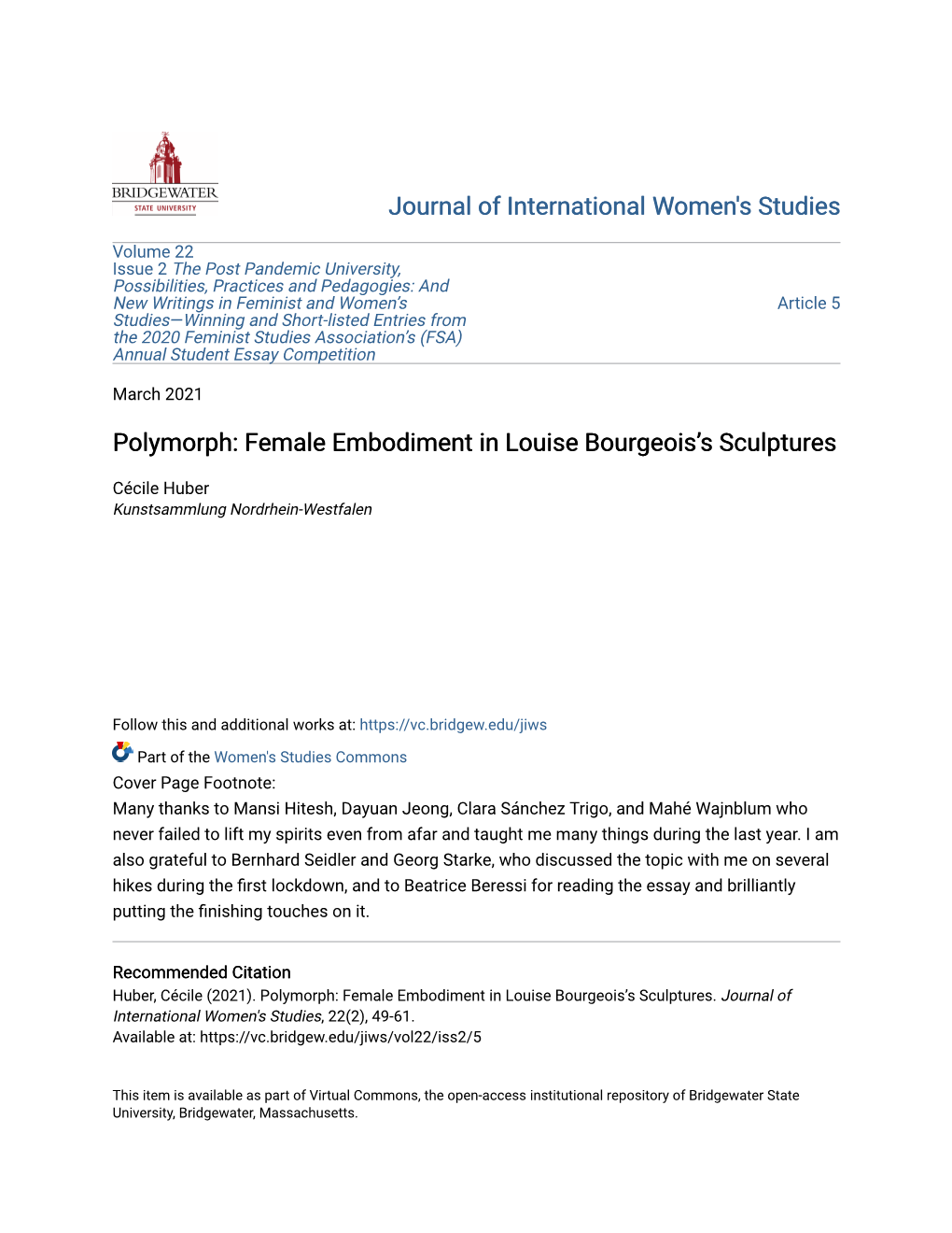 Polymorph: Female Embodiment in Louise Bourgeois's Sculptures