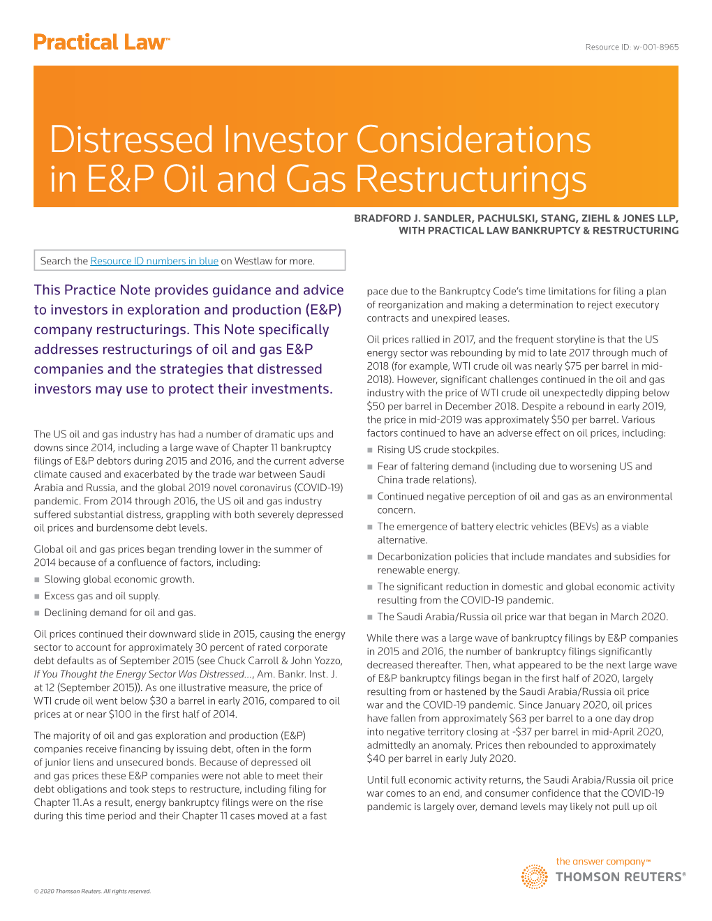 Distressed Investor Considerations in E&P Oil and Gas Restructurings