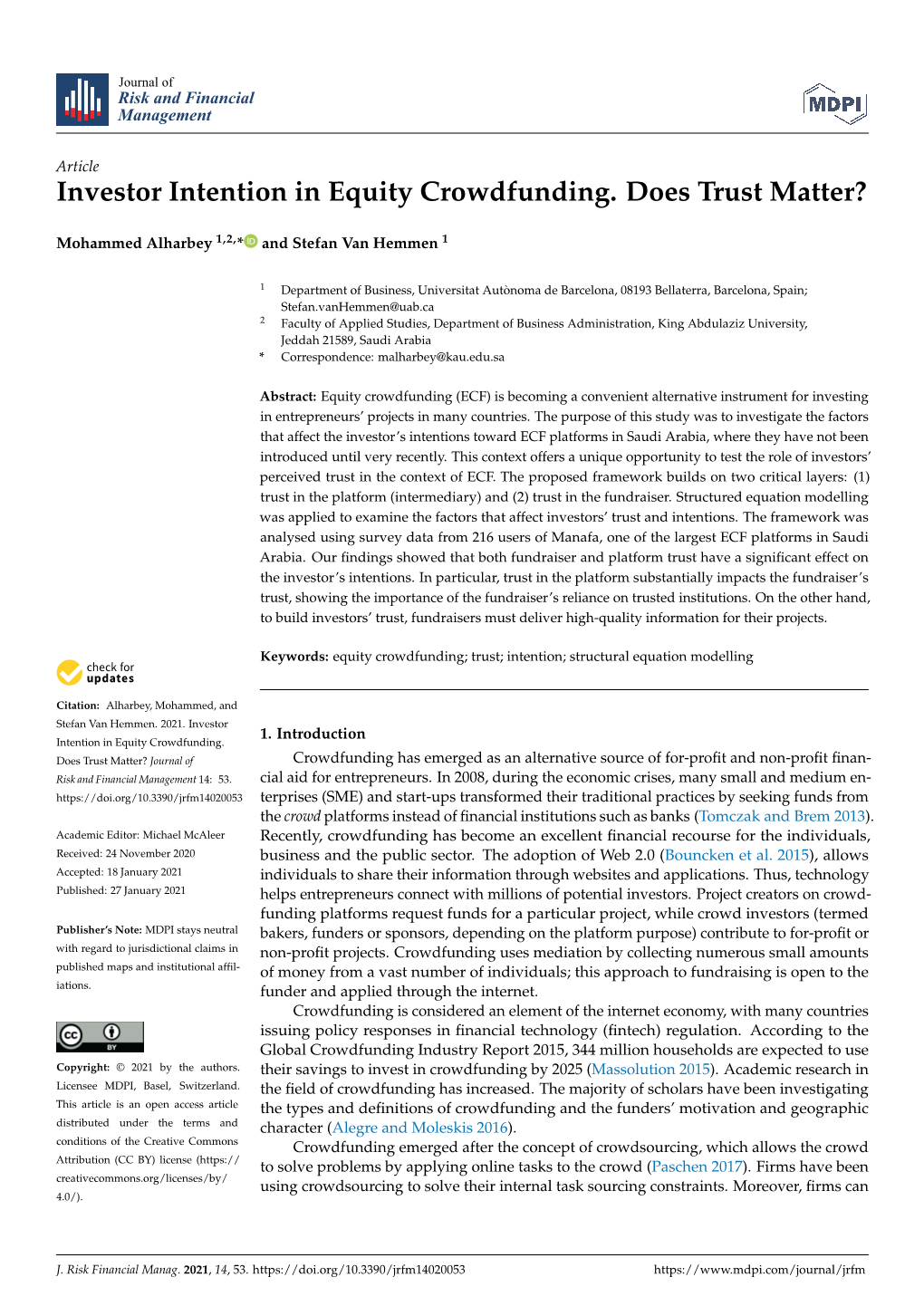 Investor Intention in Equity Crowdfunding. Does Trust Matter?