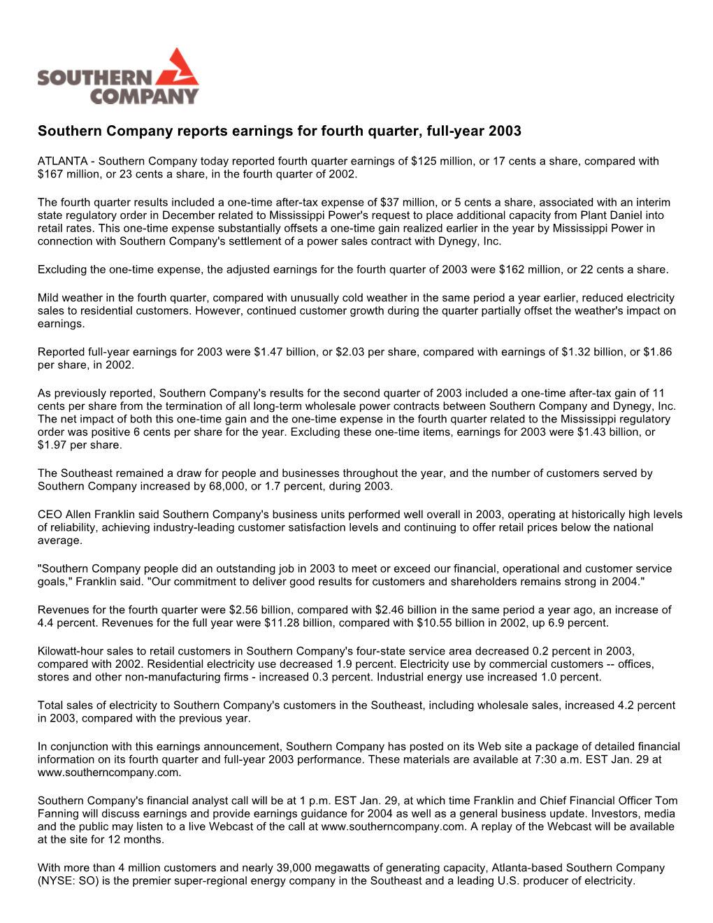 Southern Company Reports Earnings for Fourth Quarter, Full-Year 2003