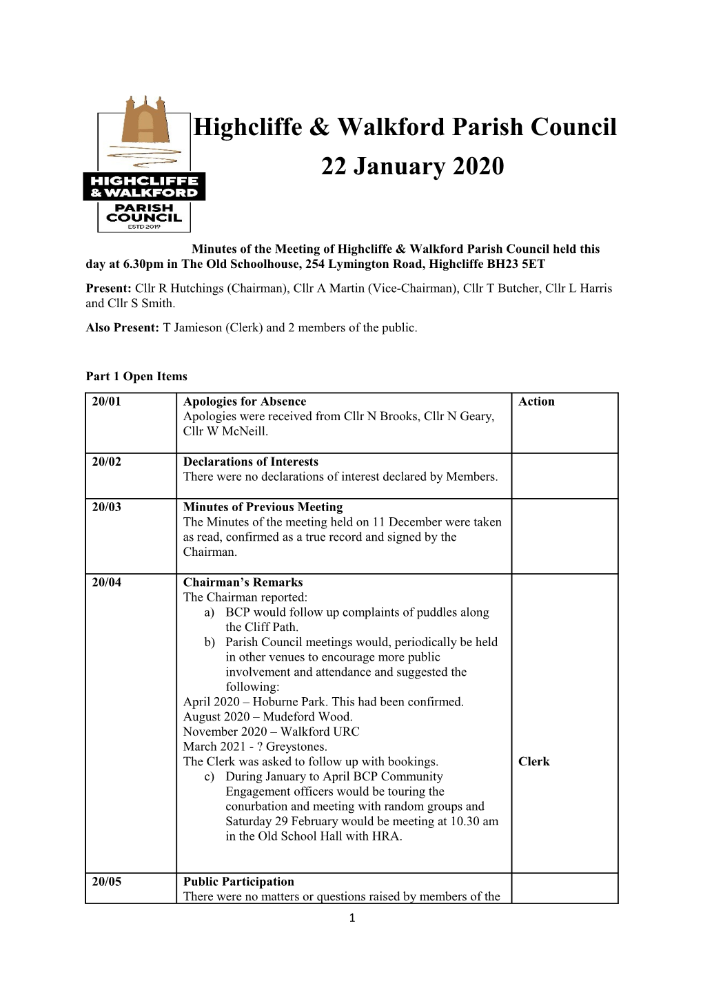 Highcliffe & Walkford Parish Council 22 January 2020