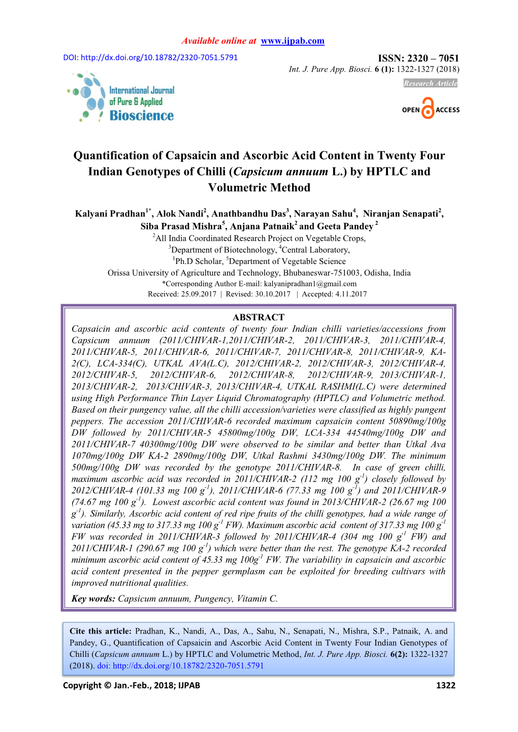 Quantification of Capsaicin and Ascorbic Acid Content in Twenty Four Indian Genotypes of Chilli (Capsicum Annuum L.) by HPTLC and Volumetric Method