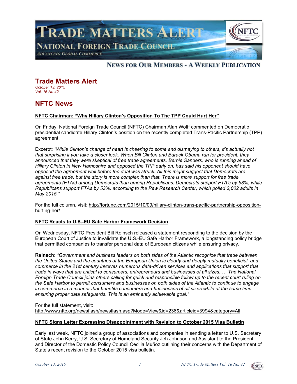 Trade Matters Alert NFTC News