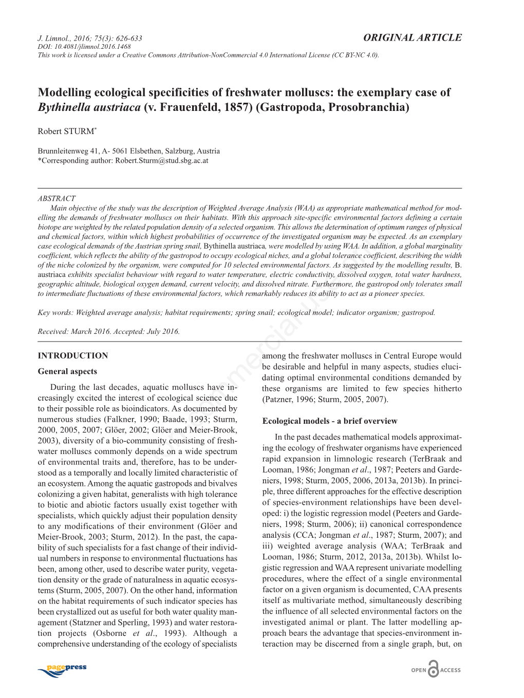 Modelling Ecological Specificities of Freshwater Molluscs: the Exemplary Case of Bythinella Austriaca (V