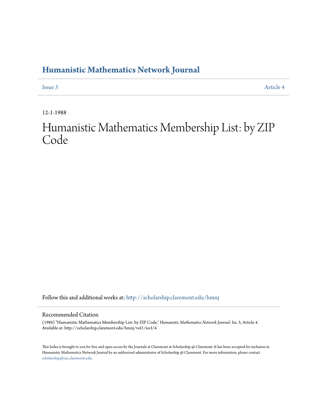 Humanistic Mathematics Membership List: by ZIP Code