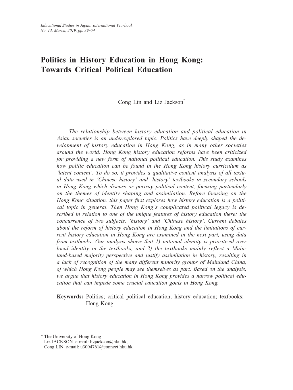 Politics in History Education in Hong Kong: Towards Critical Political Education