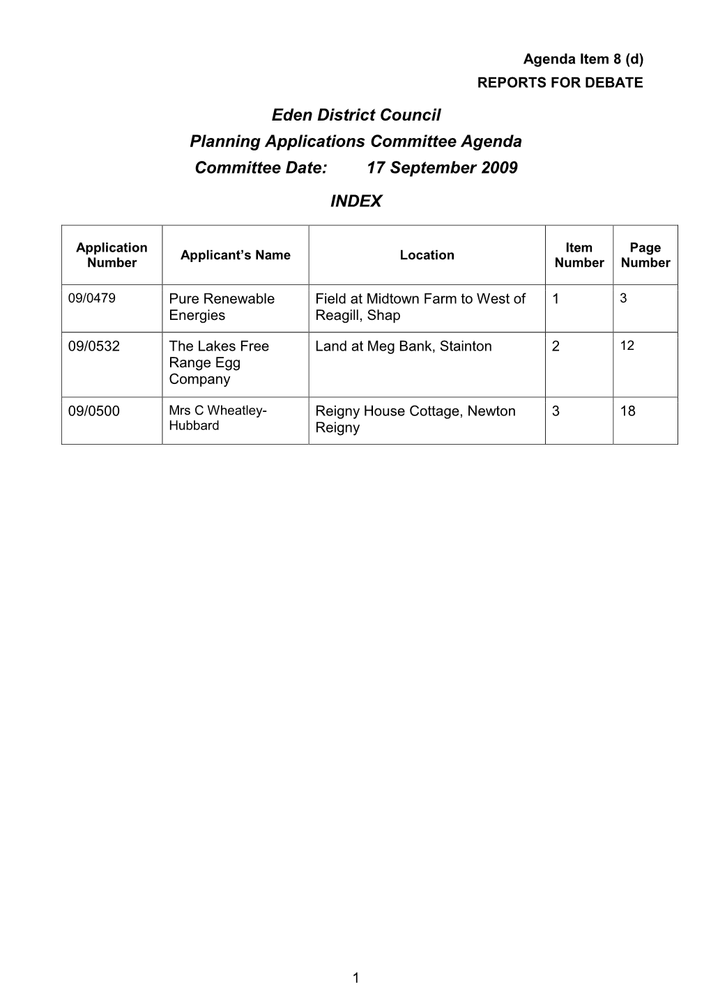 Planning Agenda 17 September 2009