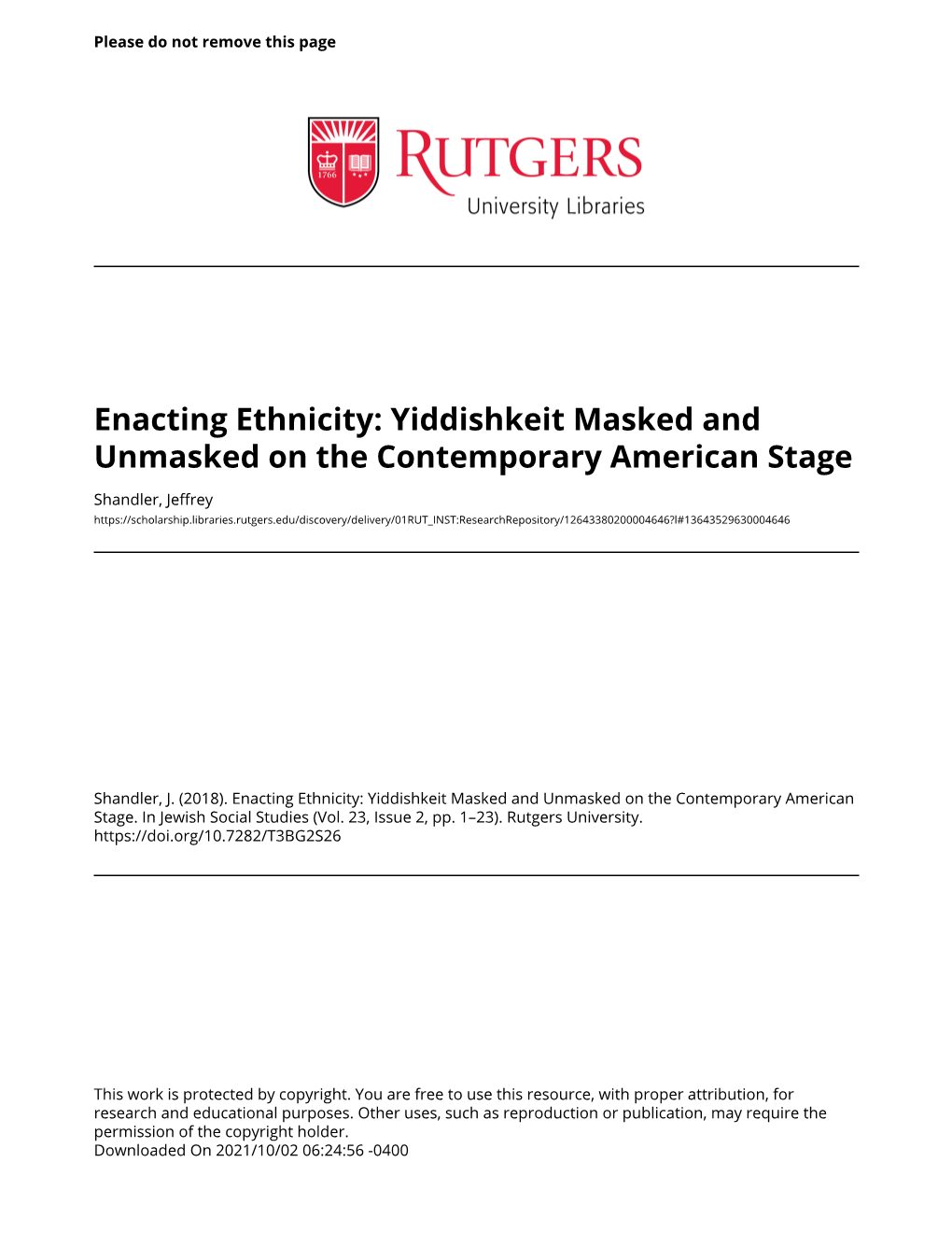 Enacting Ethnicity: Yiddishkeit Masked and Unmasked on the Contemporary American Stage
