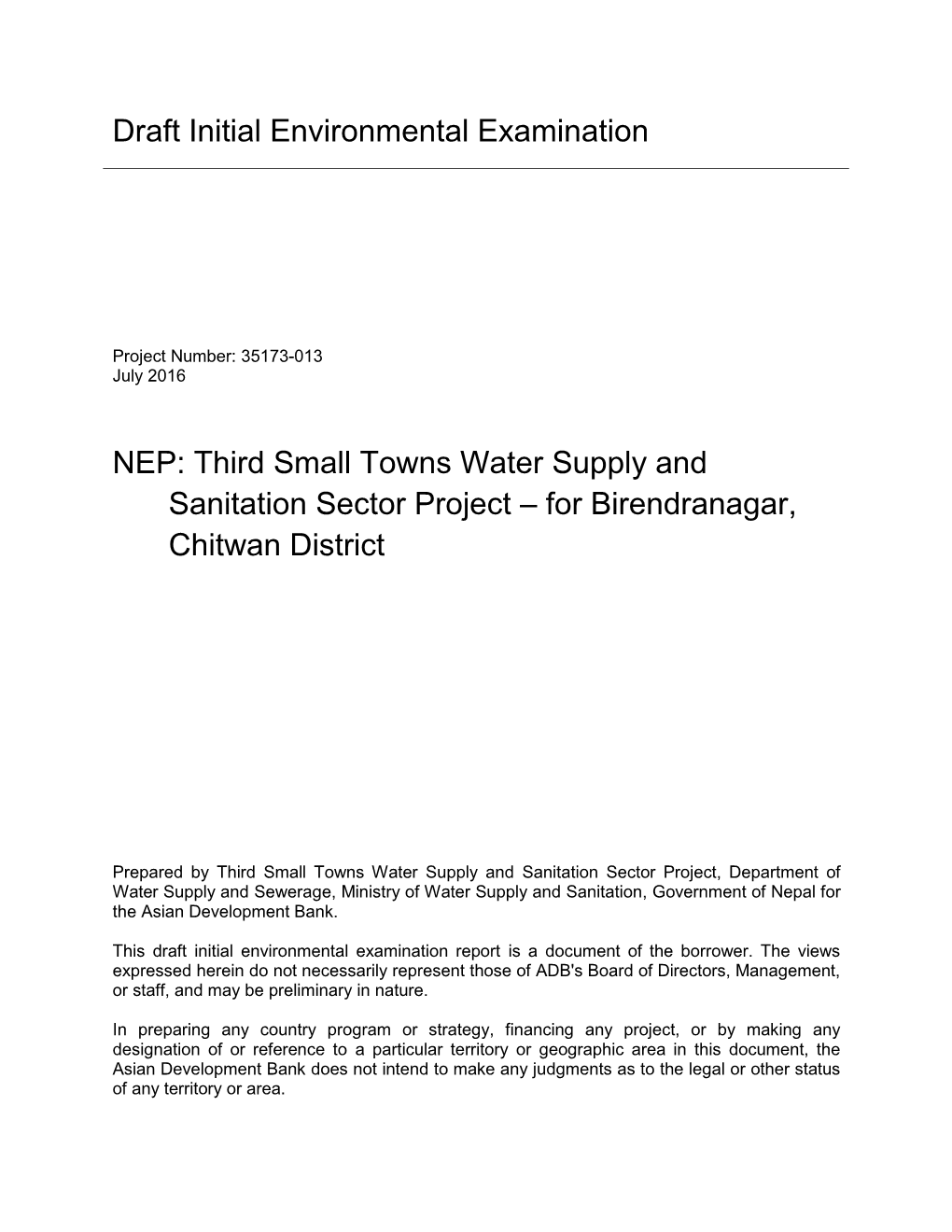 Draft Initial Environmental Examination NEP: Third Small Towns Water Supply and Sanitation Sector Project – for Birendranagar