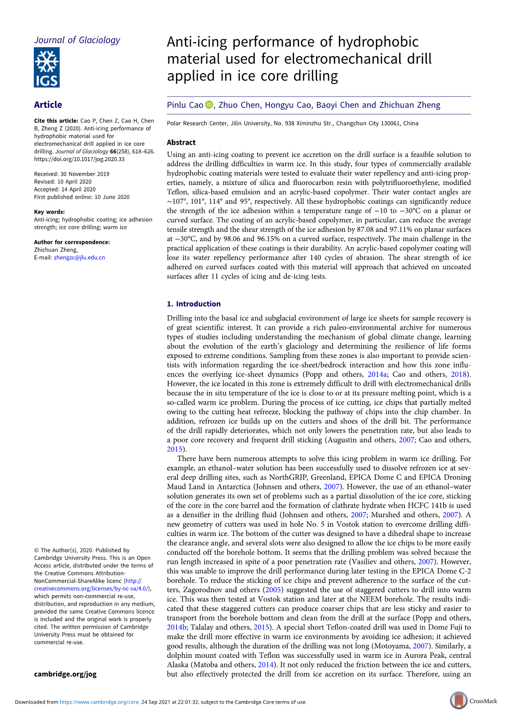 Anti-Icing Performance of Hydrophobic Material Used for Electromechanical Drill Applied in Ice Core Drilling