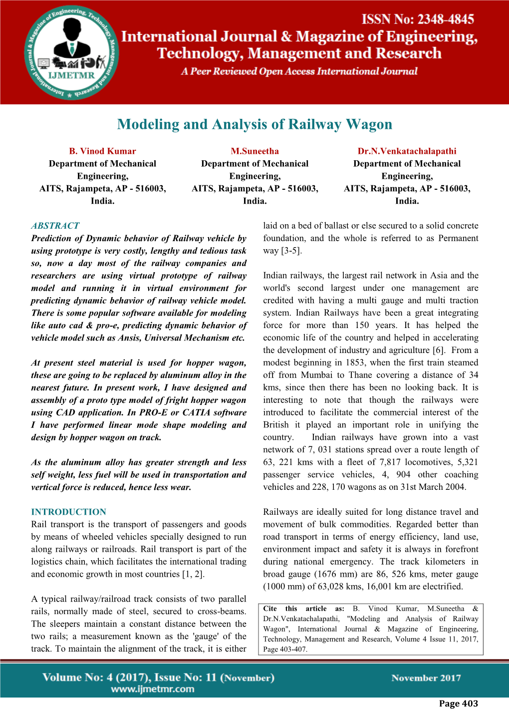 Modeling and Analysis of Railway Wagon B.Vinod Kumar