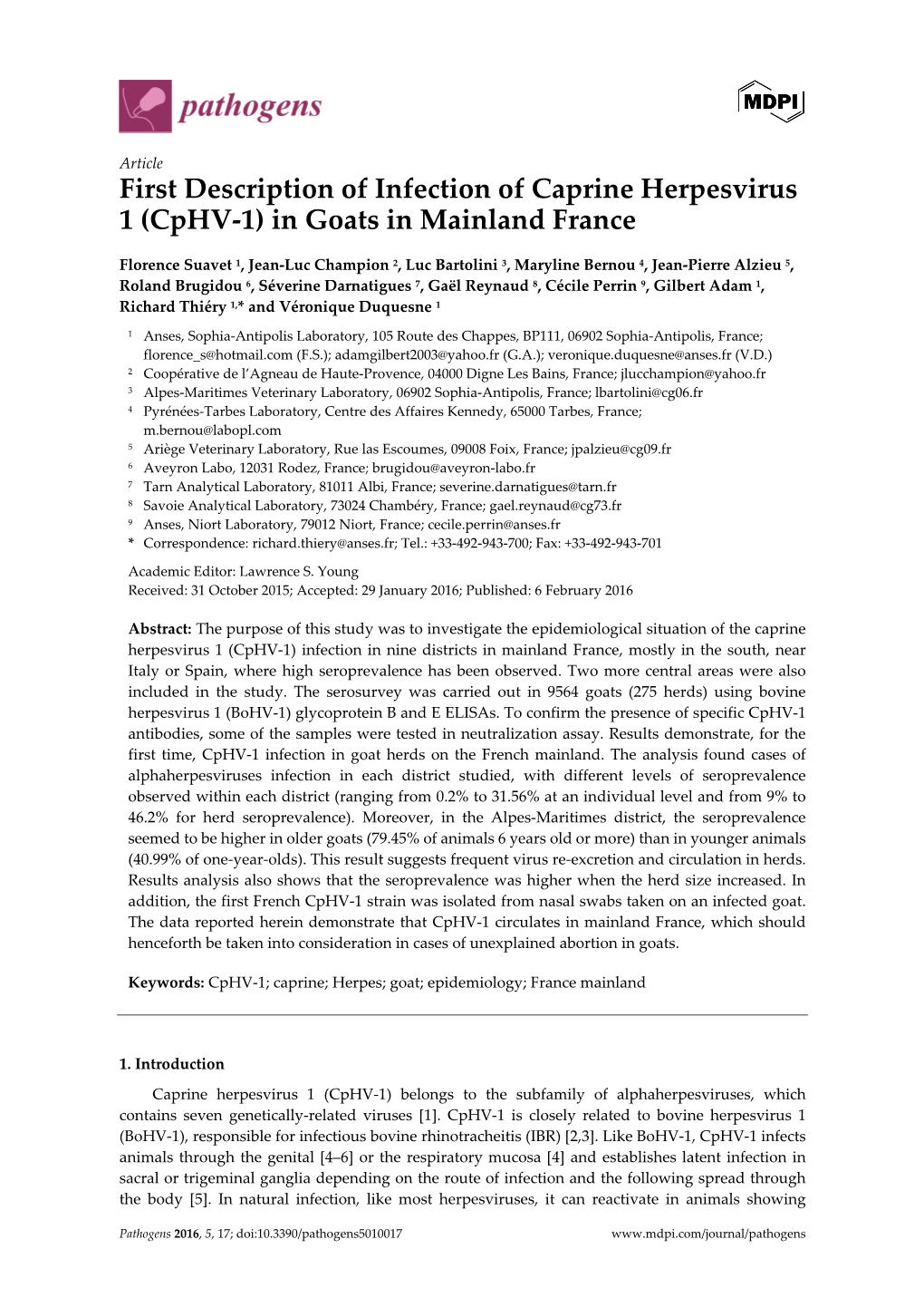 First Description of Infection of Caprine Herpesvirus 1 (Cphv‐1) in Goats in Mainland France