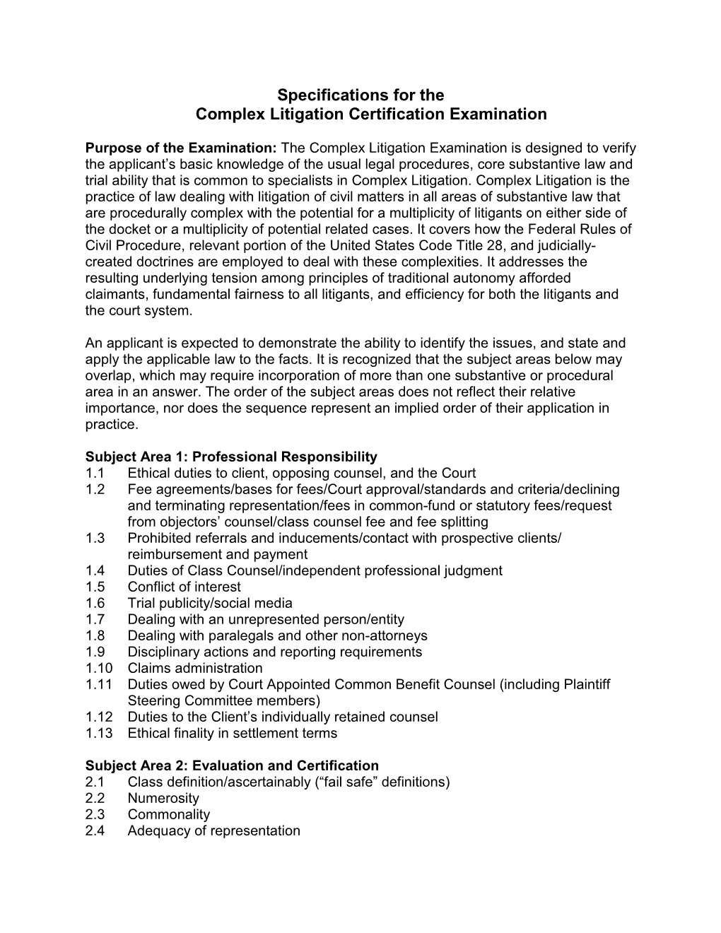 Specifications for the Complex Litigation Certification Examination