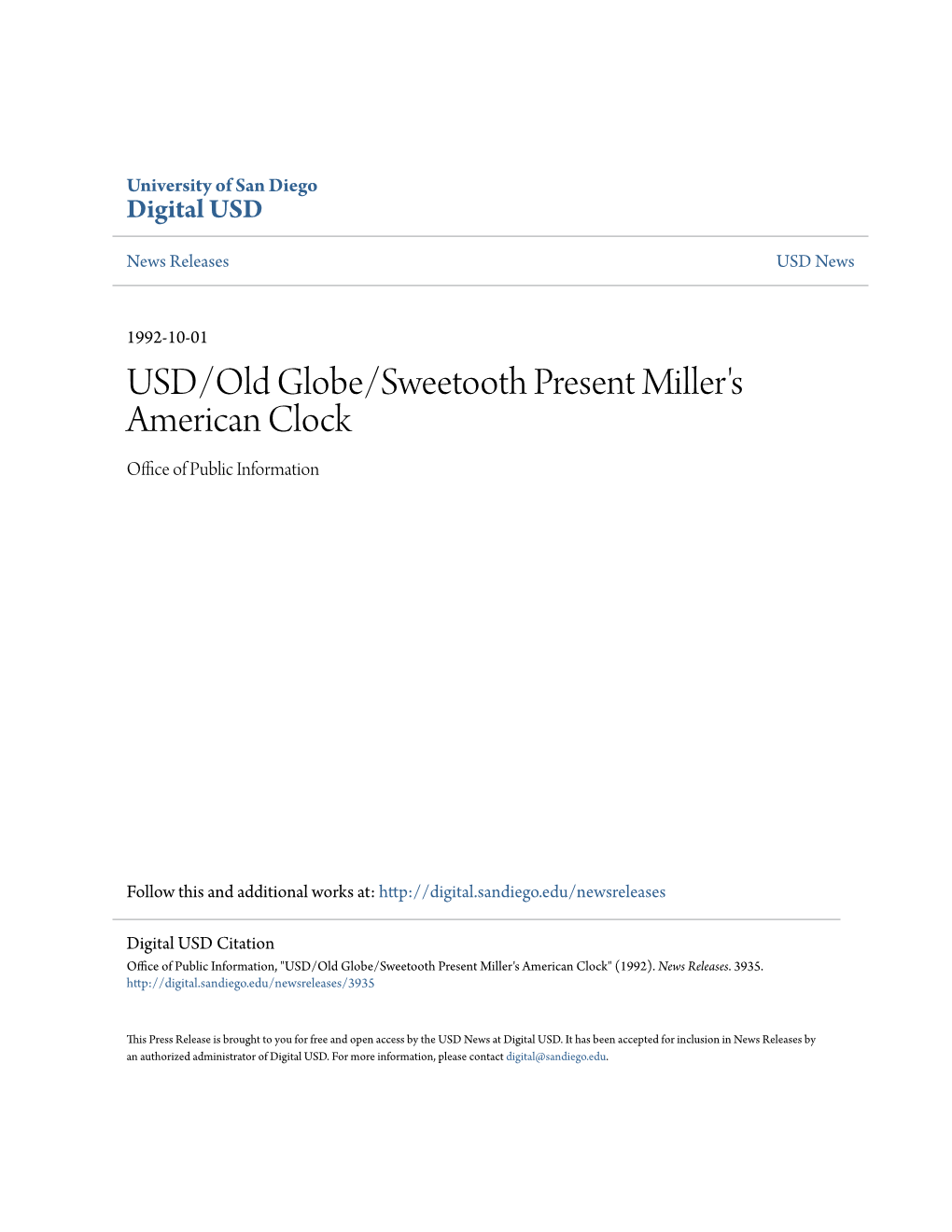 USD/Old Globe/Sweetooth Present Miller's American Clock Office of Publicnfor I Mation