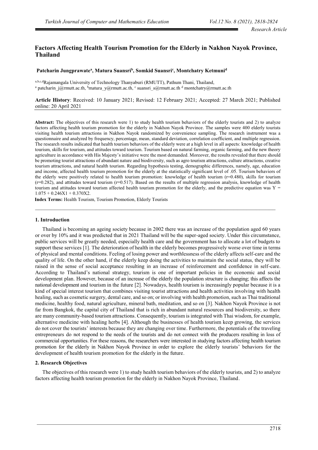 Factors Affecting Health Tourism Promotion for the Elderly in Nakhon Nayok Province, Thailand