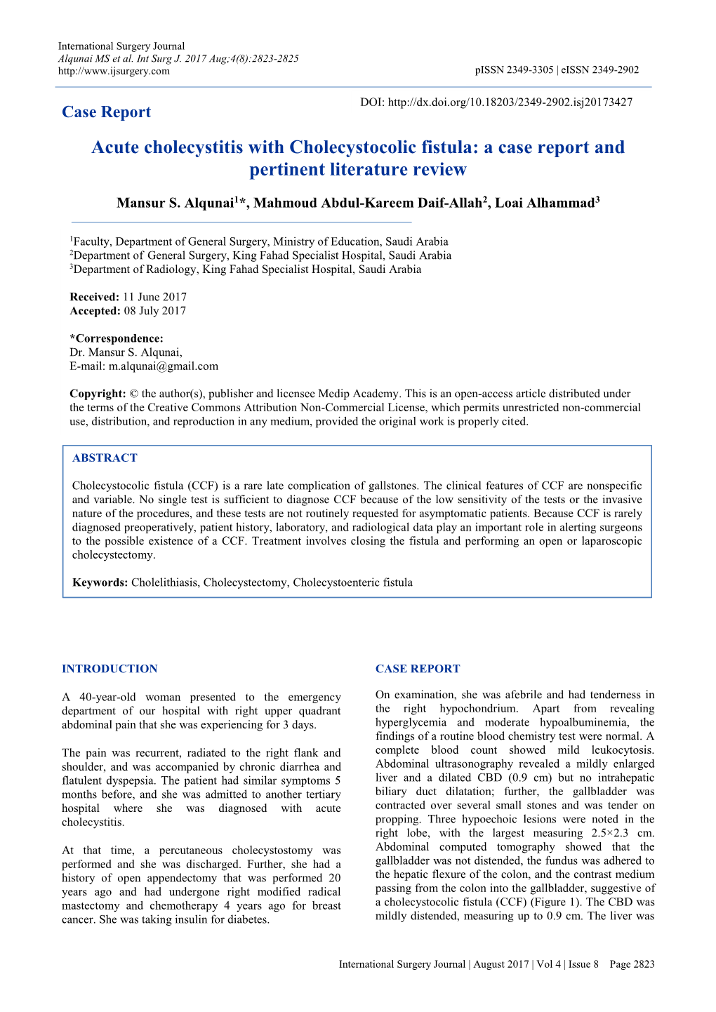 Acute Cholecystitis with Cholecystocolic Fistula: a Case Report and Pertinent Literature Review