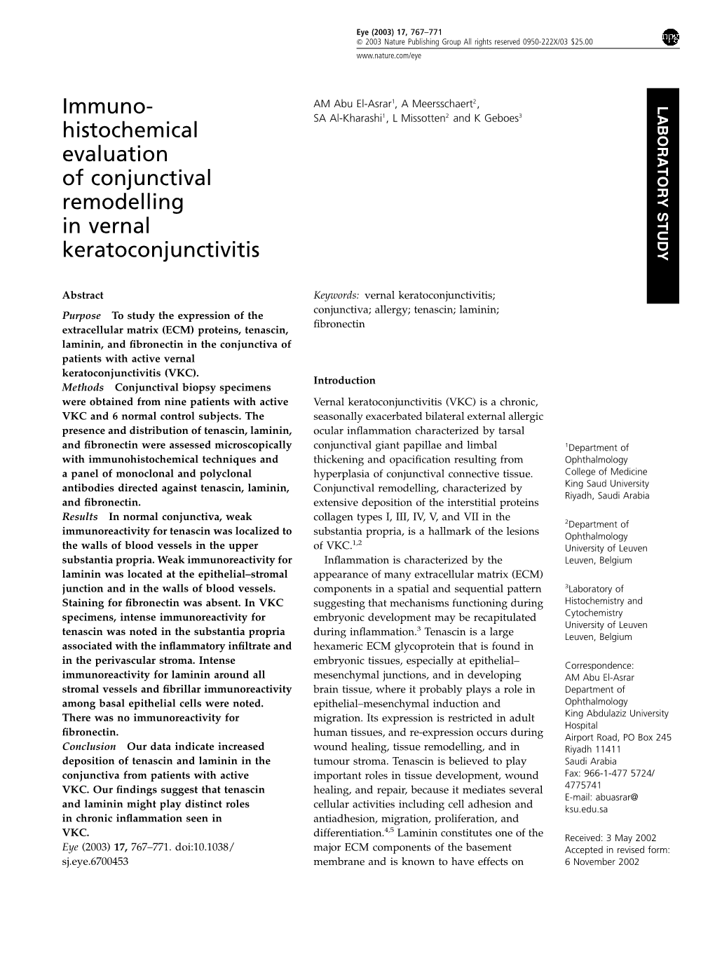 Histochemical Evaluation of Conjunctival Remodelling in Vernal Keratoconjunctivitis