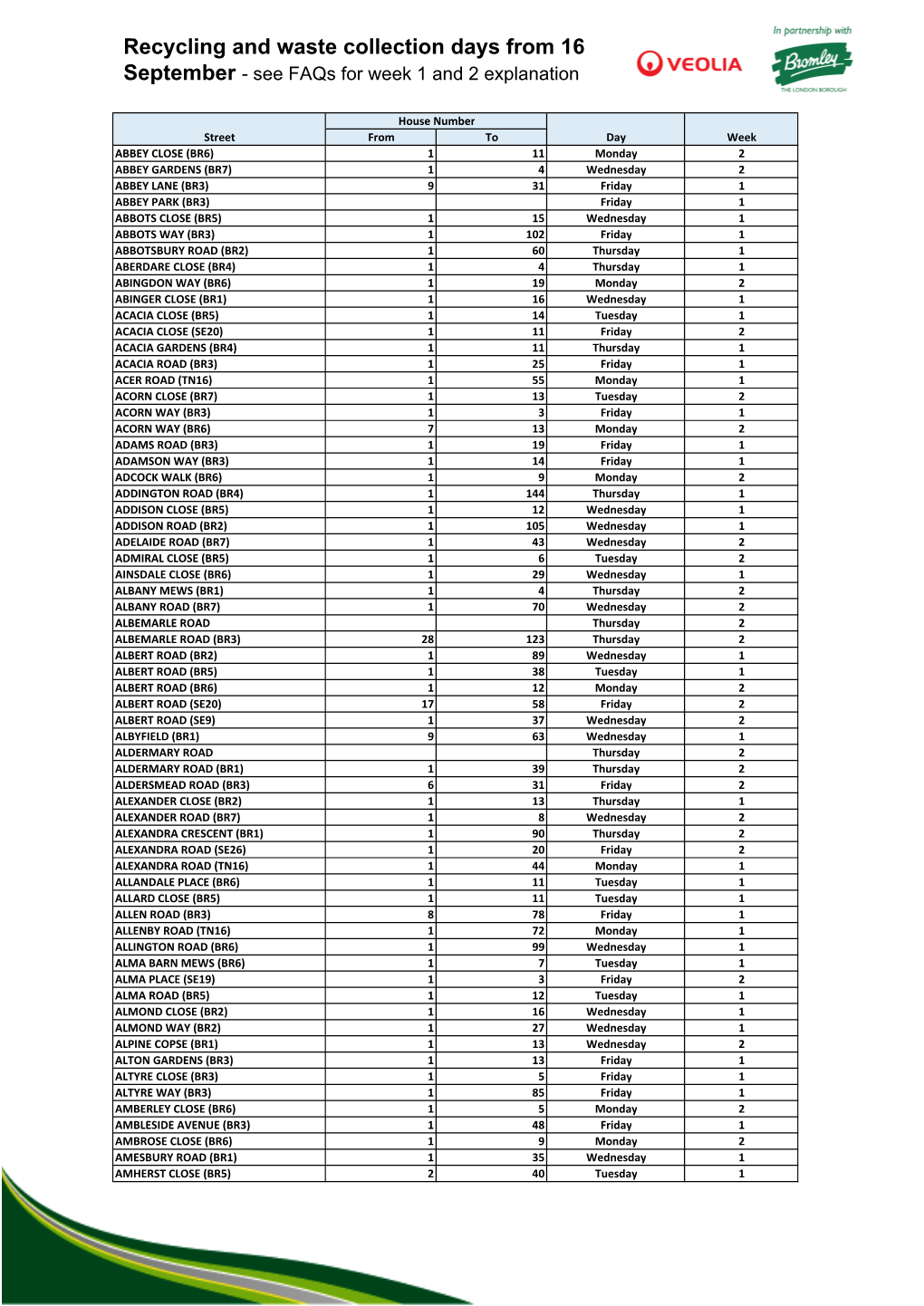 Recycling and Waste Collection Days from 16 September - See Faqs for Week 1 and 2 Explanation