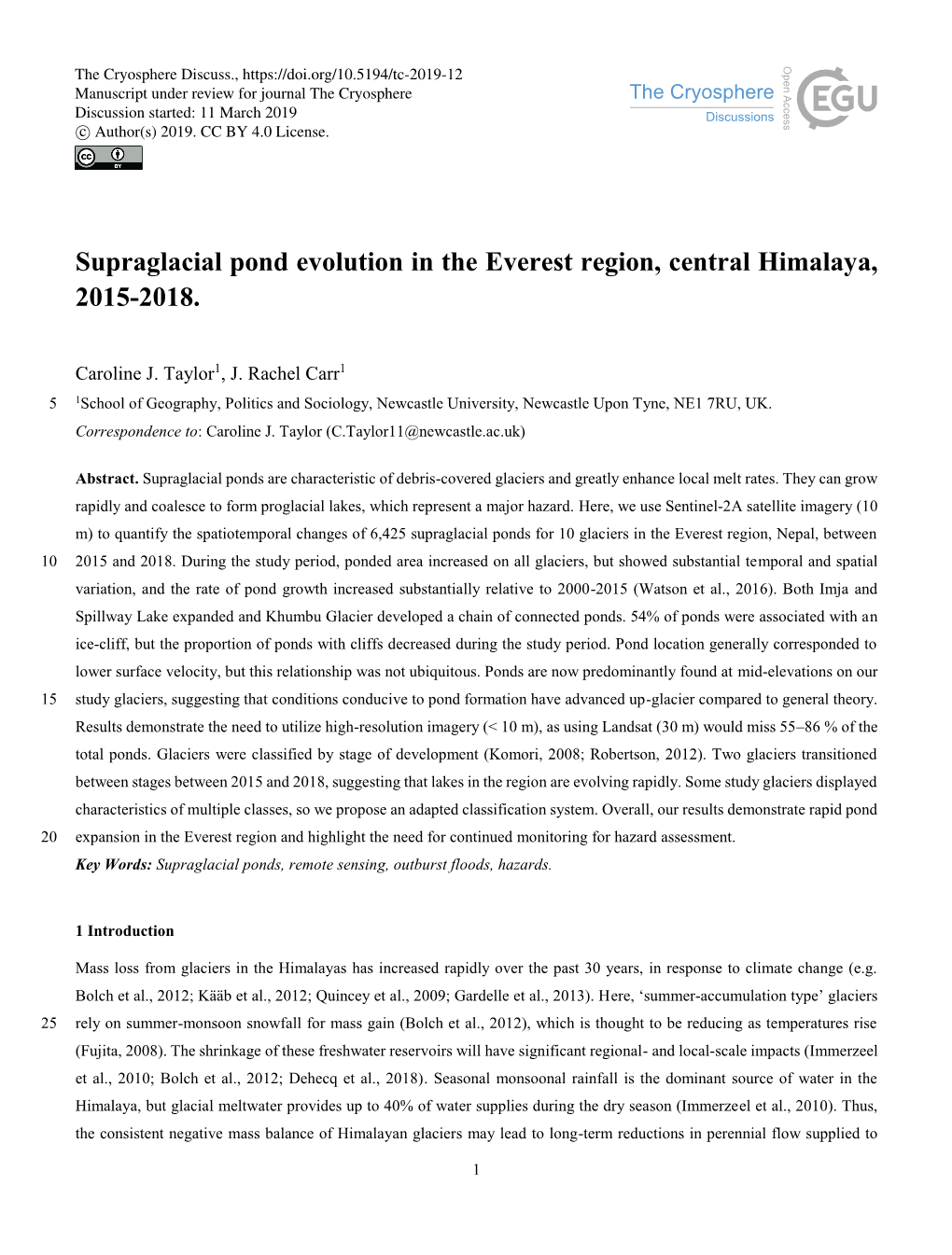 Supraglacial Pond Evolution in the Everest Region, Central Himalaya, 2015-2018