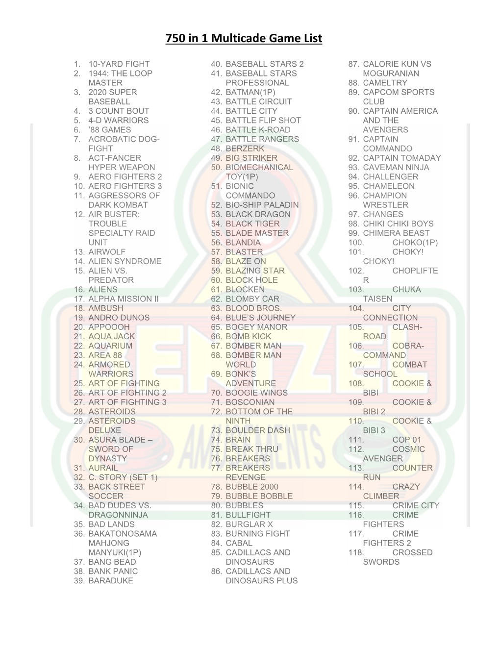 750 in 1 Multicade Game List