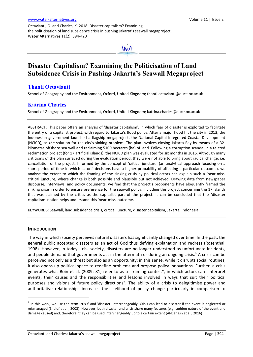 Disaster Capitalism? Examining the Politicisation of Land Subsidence Crisis in Pushing Jakarta’S Seawall Megaproject