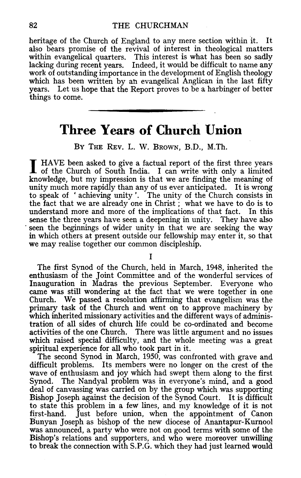Three Years of Church Union by the REV
