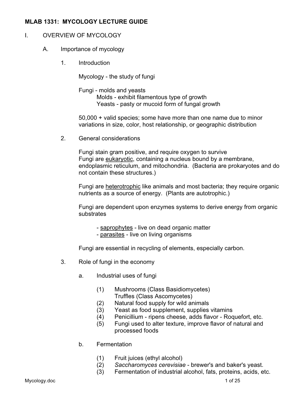 Mlab 1331: Mycology Lecture Guide