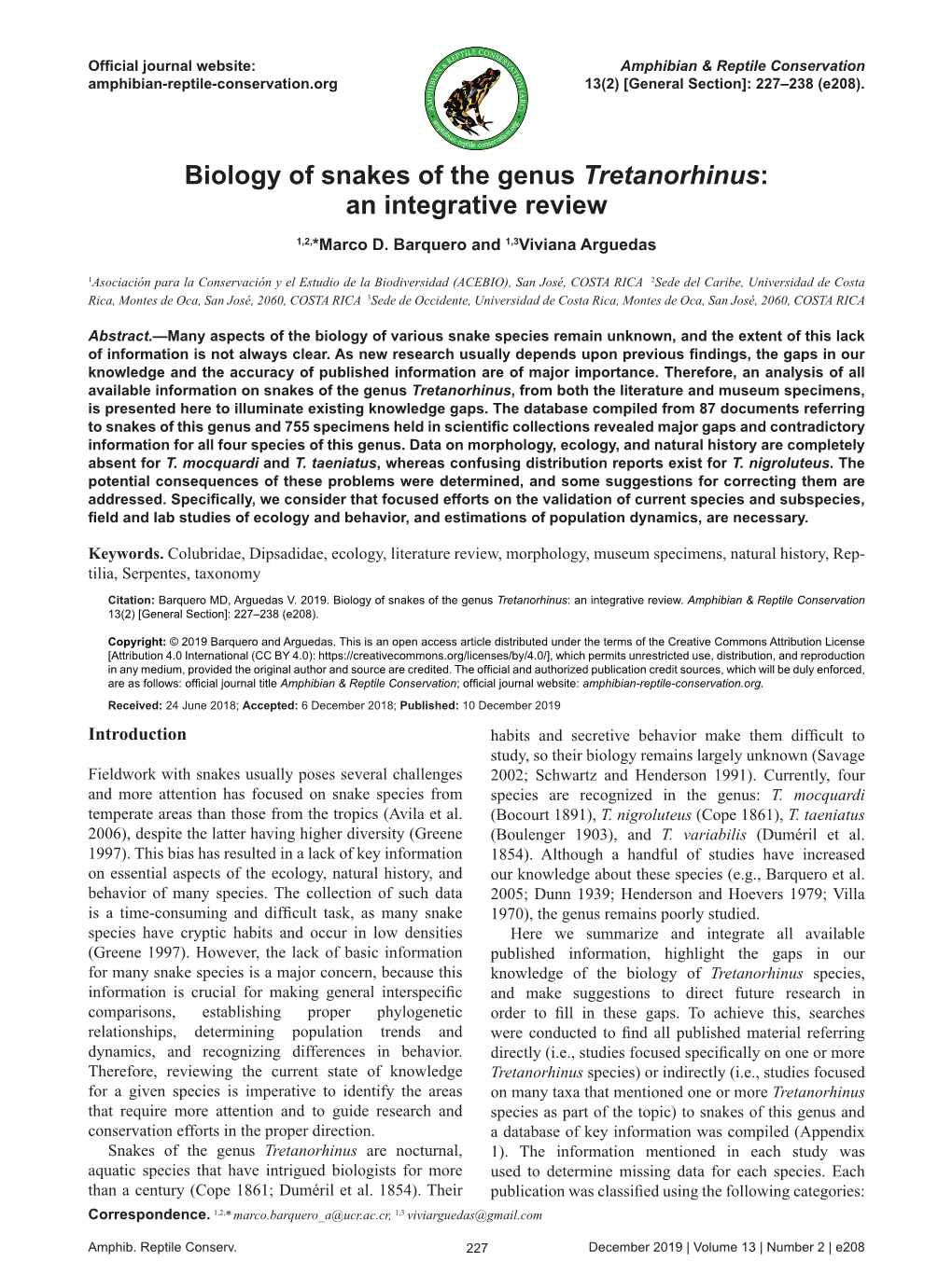 Biology of Snakes of the Genus Tretanorhinus: an Integrative Review 1,2,*Marco D