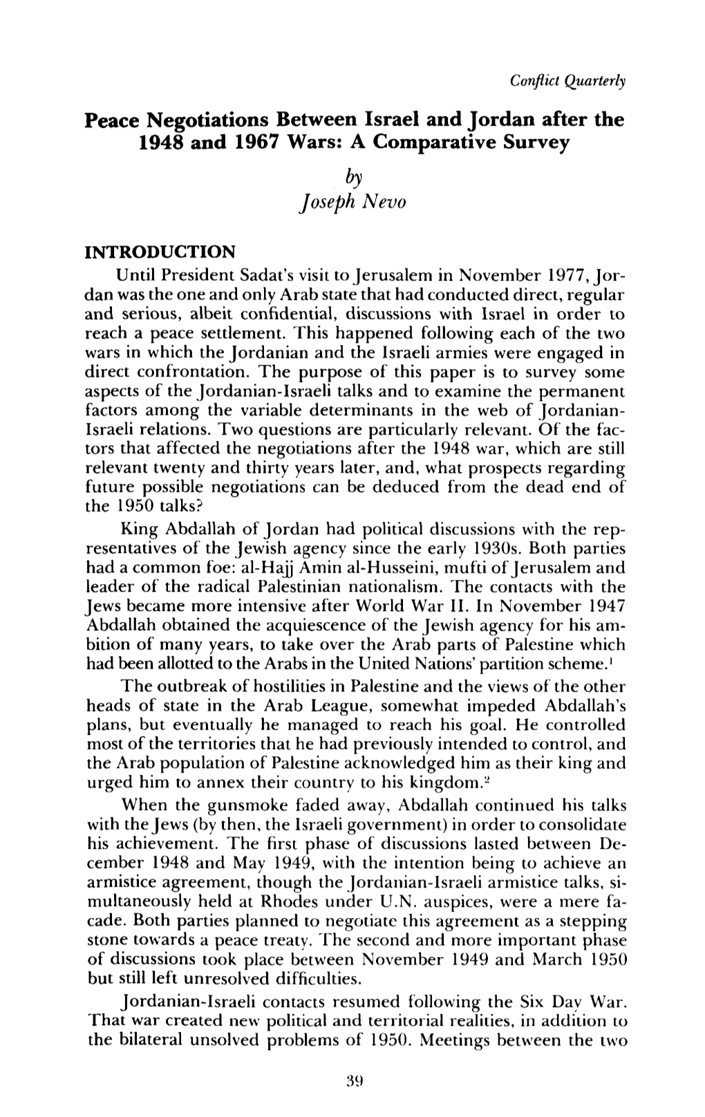 Peace Negotiations Between Israel and Jordan After the 1948 and 1967 Wars: a Comparative Survey by Joseph Nevo