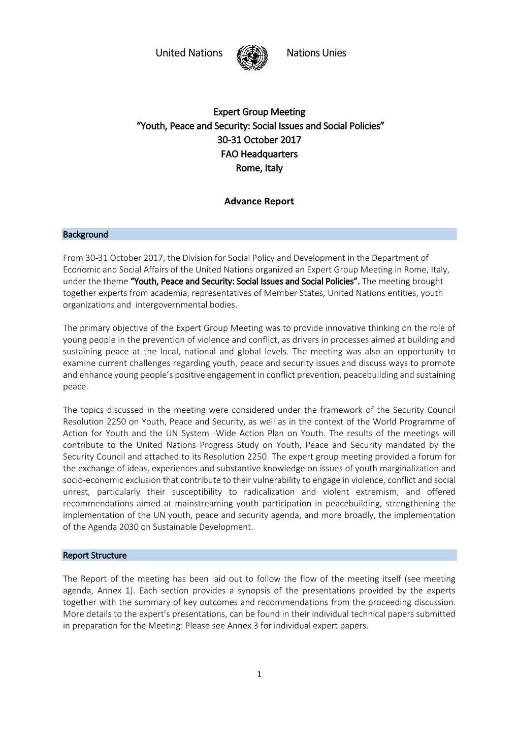 Expert Group Meeting “Youth, Peace and Security: Social Issues and Social Policies” 30-31 October 2017 FAO Headquarters Rome, Italy