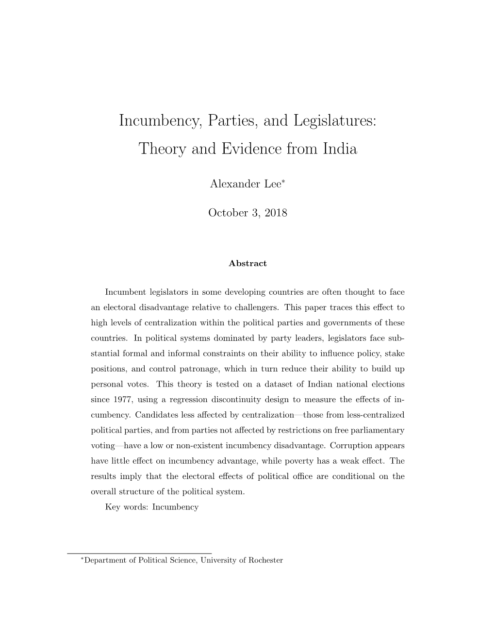 Incumbency, Parties, and Legislatures: Theory and Evidence from India