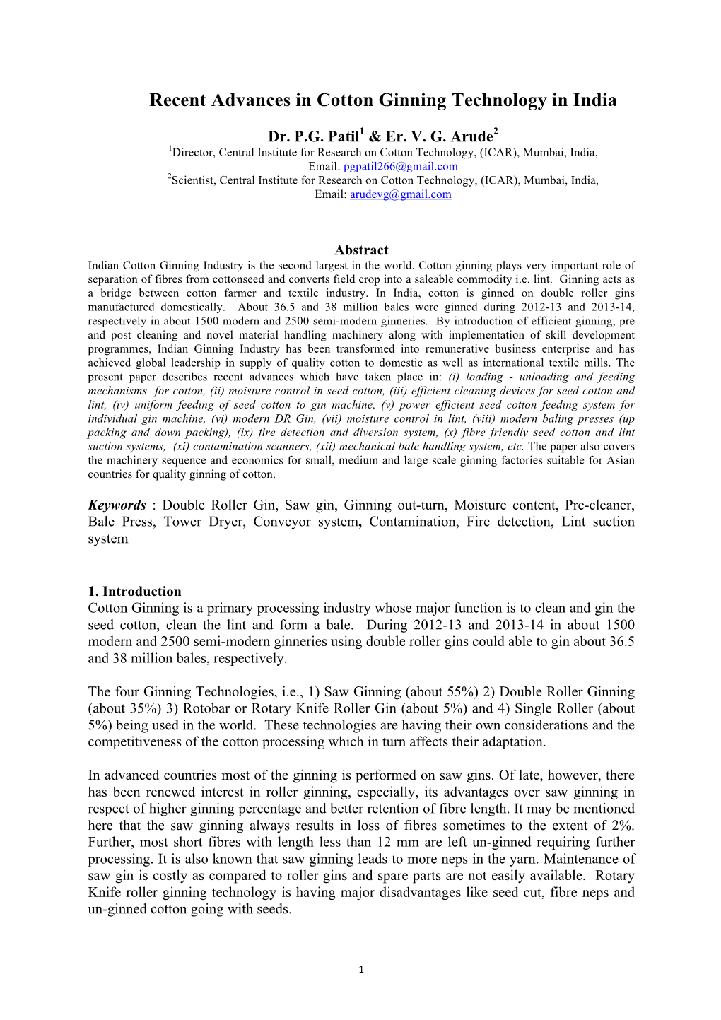 Paper on Recent Advance in Cotton Ginning Technology in India