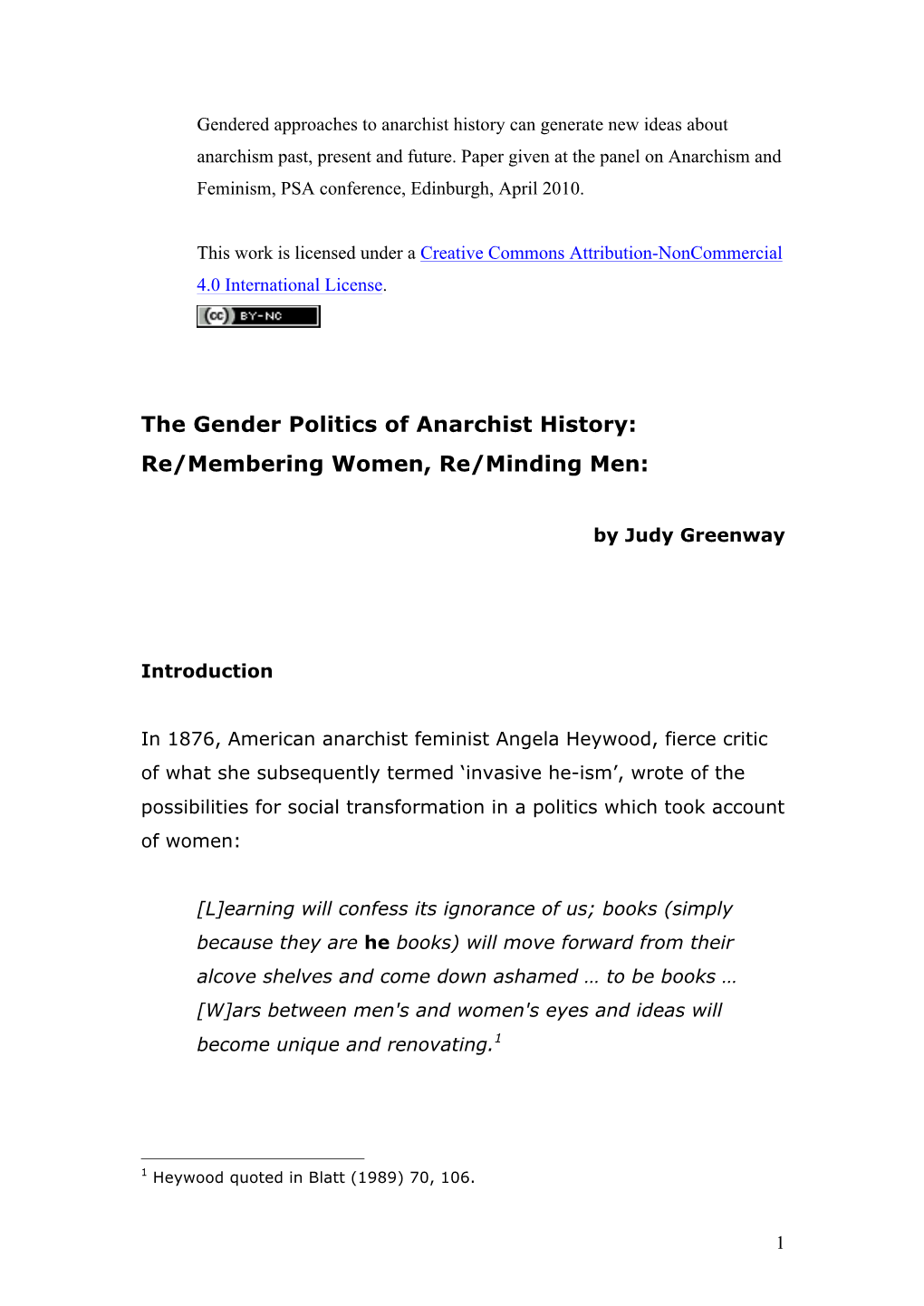 The Gender Politics of Anarchist History: Re/Membering Women, Re/Minding Men