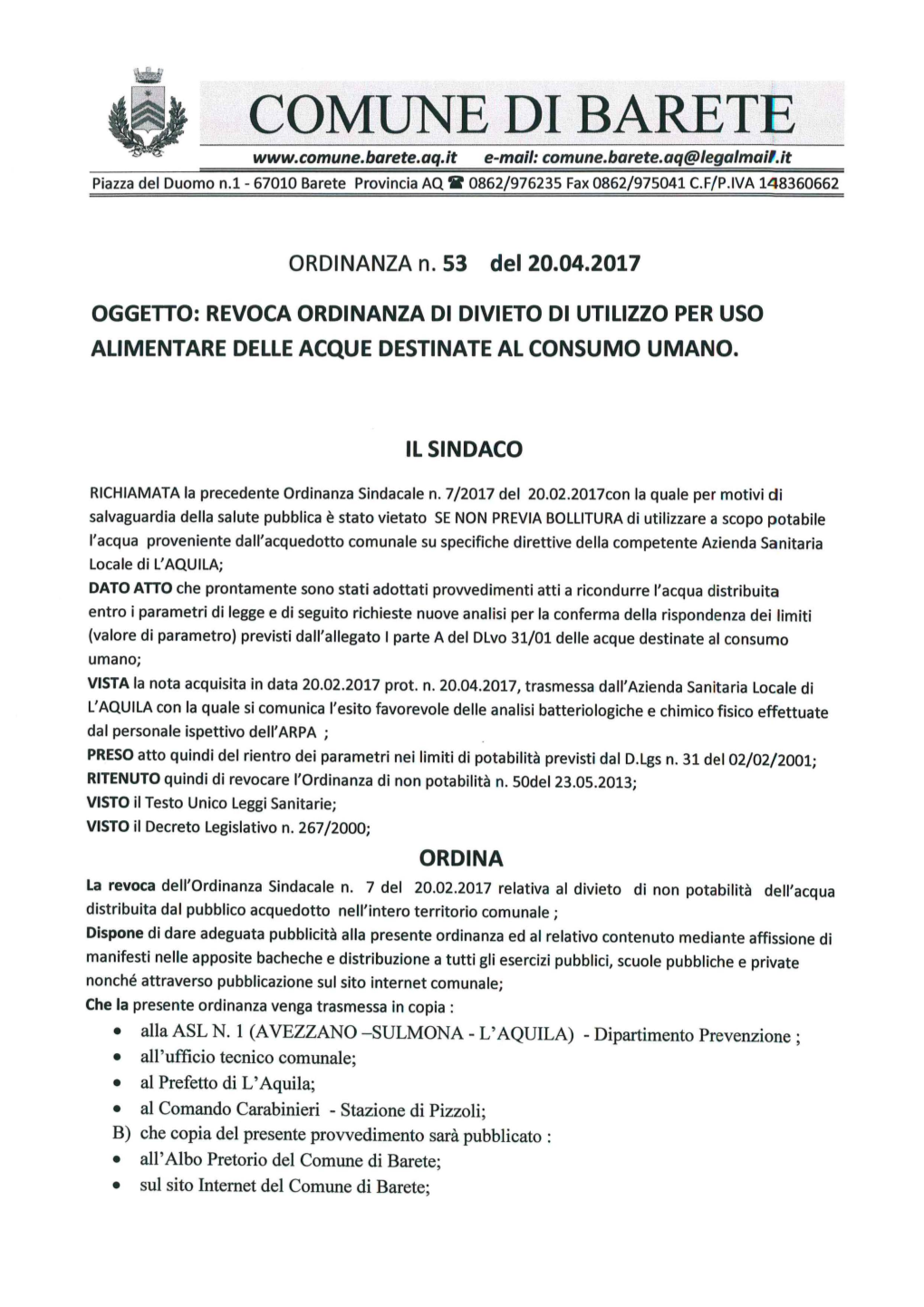 Ordinanza Sindacale N. 7 Del 20.02.2017