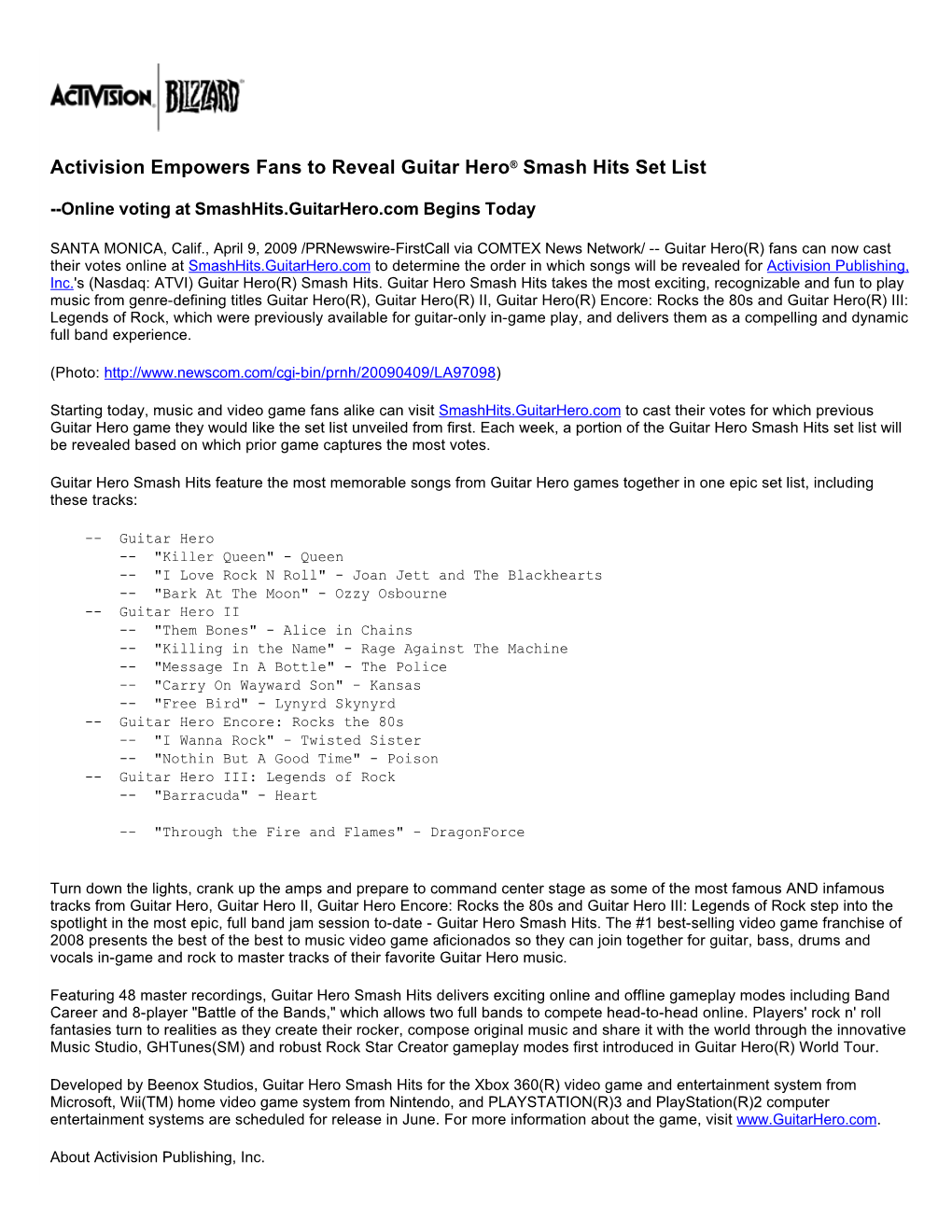 Activision Empowers Fans to Reveal Guitar Hero® Smash Hits Set List