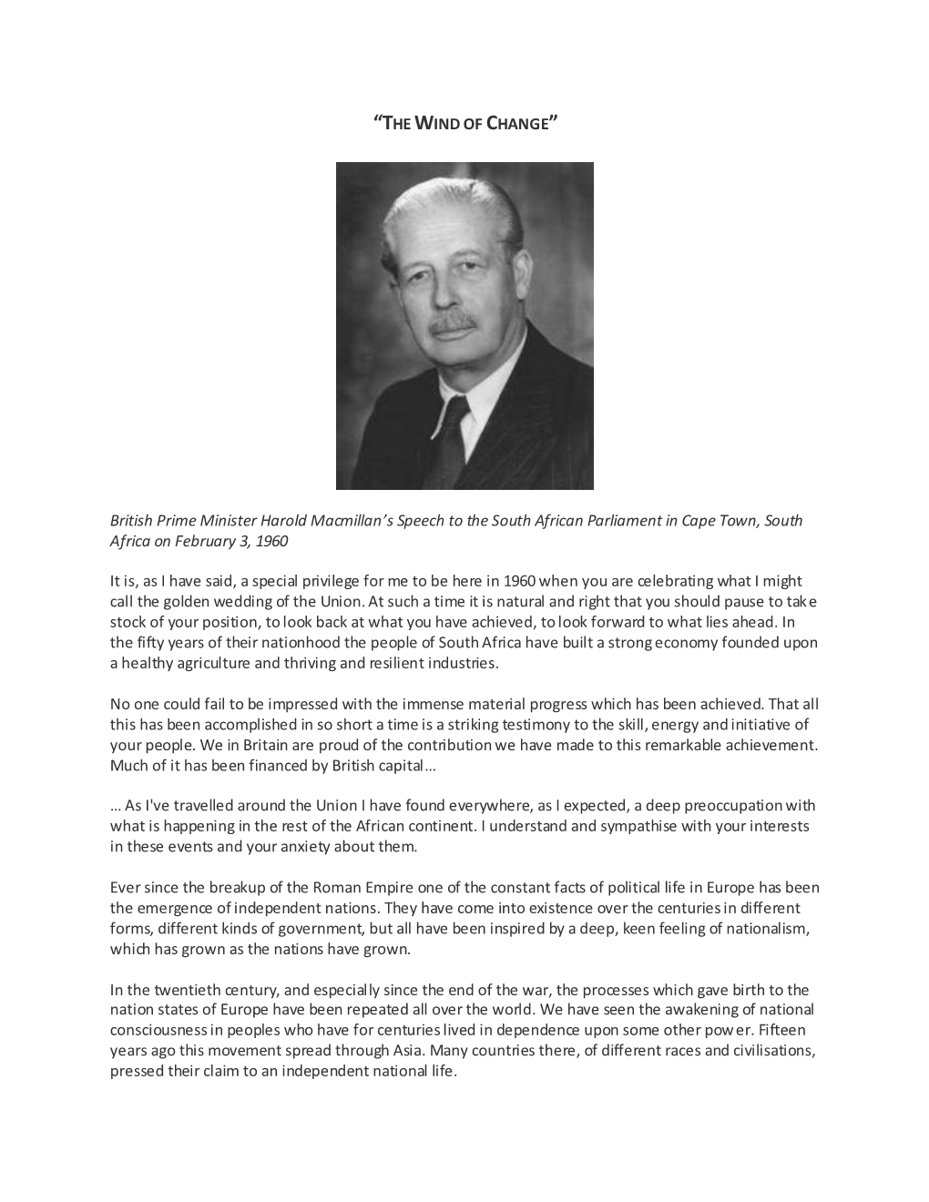 British Prime Minister Harold Macmillan's Speech to the South