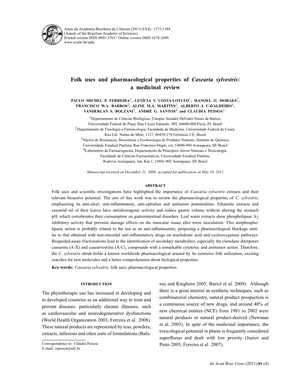 Folk Uses and Pharmacological Properties of Casearia Sylvestris: a Medicinal Review