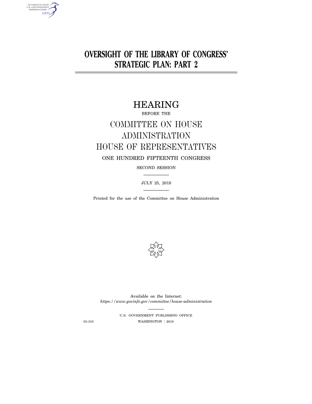 Oversight of the Library of Congress’ Strategic Plan: Part 2