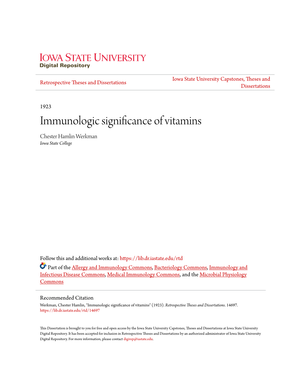 Immunologic Significance of Vitamins Chester Hamlin Werkman Iowa State College